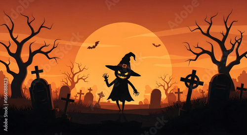 Spooky Halloween night illustration a grinning witch silhouette in a moonlit graveyard, surrounded by eerie bare trees and gravestones. Perfect for festive autumn designs