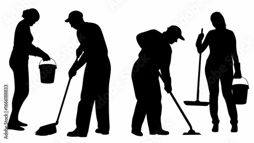 Silhouettes of people cleaning with mops and buckets in a black and white vector illustration | editable eps vectors