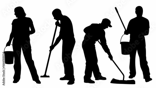 Silhouettes of cleaning staff with buckets and brooms performing cleaning tasks in a white background scene | editable eps vectors