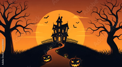 Eerie Halloween night landscape featuring a spooky haunted house on a hill, bathed in moonlight, with bare trees and a pumpkin-lined path