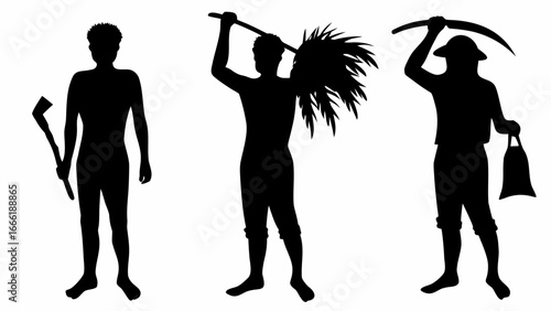 Silhouette depiction of three farmers carrying tools and harvest in a rural agricultural setting outdoors | editable eps vectors