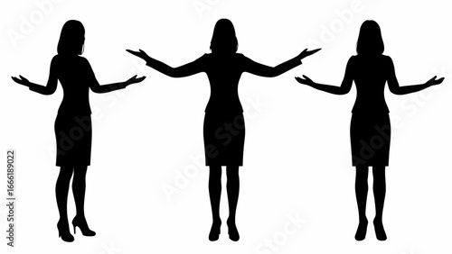 Three businesswomen silhouettes standing with arms outstretched in a welcoming gesture on a white background | editable eps vectors