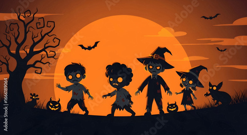 Halloween illustration playful zombie kids and witch characters on a moonlit walk, full orange moon, spooky trees, bats, glowing pumpkins