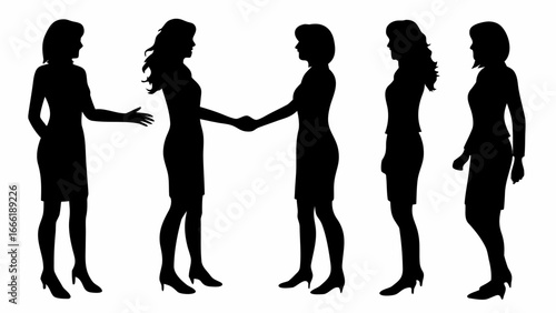 Silhouette of five women in dresses, two of whom are shaking hands, on a white background image view | editable eps vectors
