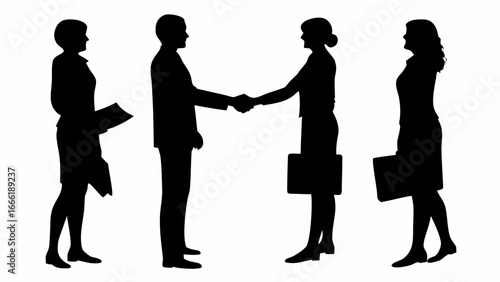 Silhouette of four business people two women with documents and two men shaking hands in an agreement deal | editable eps vectors