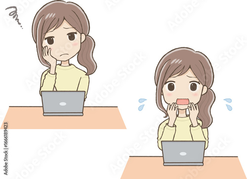 Woman in yellow clothes thinking and panicking in front of a laptop