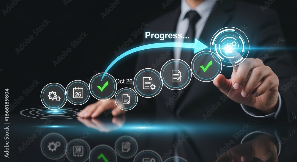 Obraz premium Professional in Business Touching Progress Checklist Icons and Documents to Visualize Advancement, Planning, Strategy, and Success in the Workplace