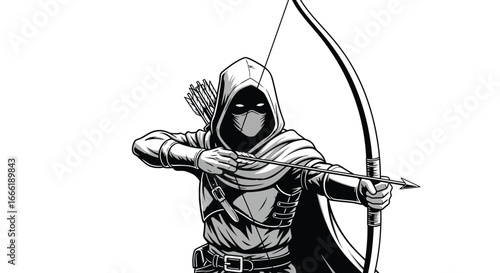 Vector art of monochrome illustration of a hooded archer aiming a bow and arrow, ready to shoot