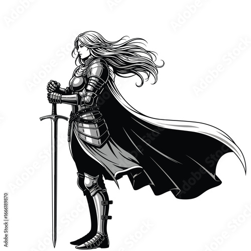 Vector art of female knight in armor holding a sword with a flowing cape
