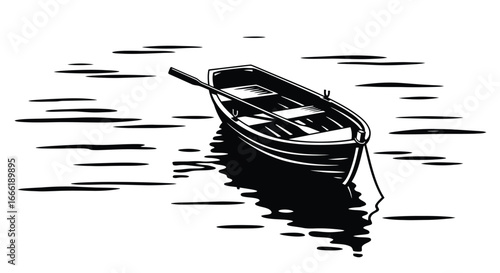 Vector art of empty rowboat with an oar floating on calm water