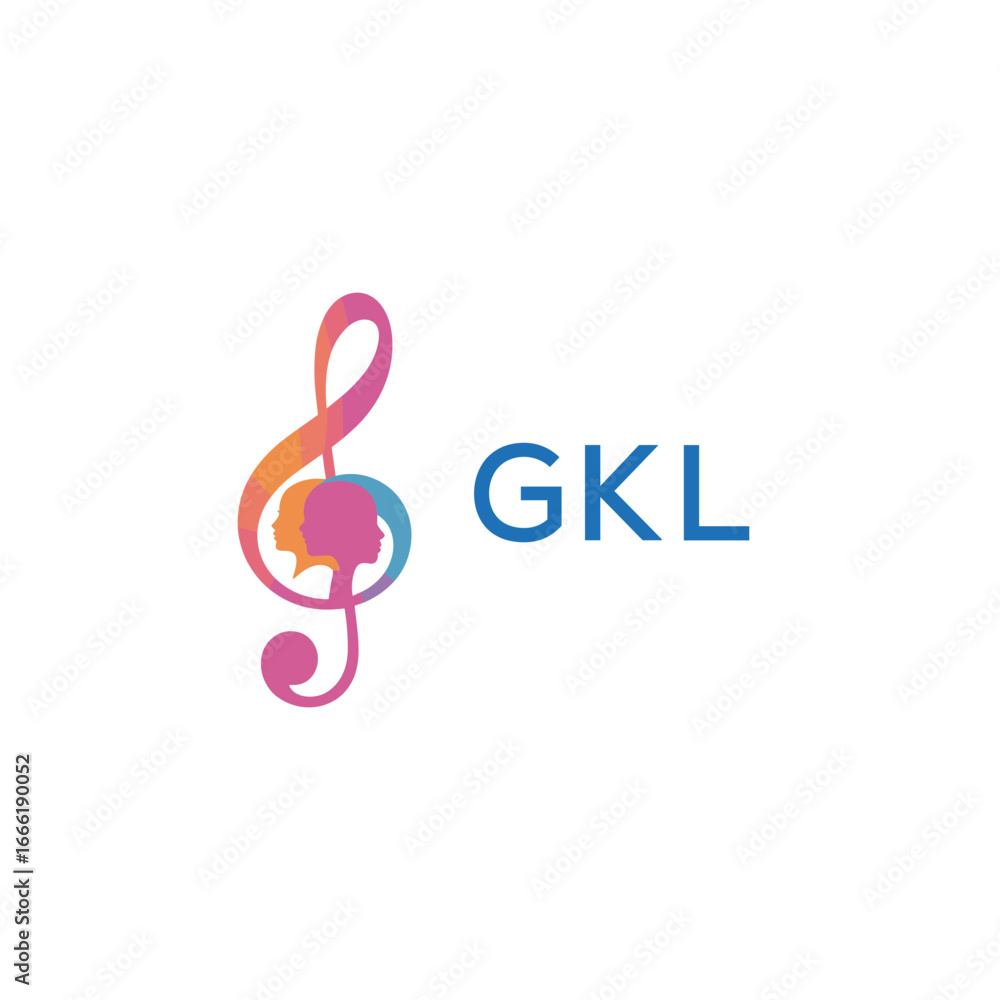 Fototapeta premium GKL “Creative music logo with human silhouettes and treble clef in gradient colors, GKL Later Logo, modern artistic design isolated on white background” 