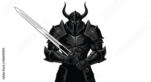 Vector art of a menacing dark knight in full armor holding a sword
