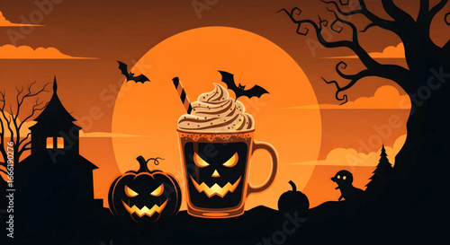 Enchanting Halloween evening with a delightful, creamy pumpkin-inspired beverage, nestled among glowing jack-o'-lanterns and spooky silhouettes under a grand, luminous orange moon