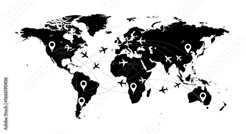 World map with location pins and travel icons representing global destinations isolated on white background