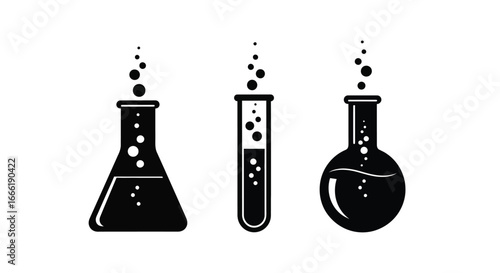 Vector art of set of three black chemical laboratory flasks and test tubes with bubbles