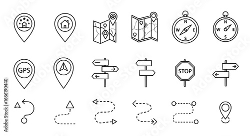 Collection of hand drawn navigation and location icons including maps compasses signposts and route markers isolated on white background