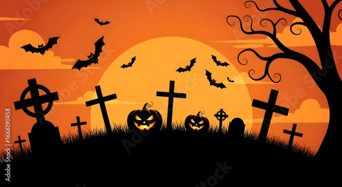Spooky Halloween graveyard scene with glowing pumpkins and bats under a full moon, perfect for festive decorations and party invitations
