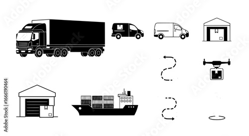 Collection of logistics and delivery icons including trucks vans ships drone and warehouses isolated on white background