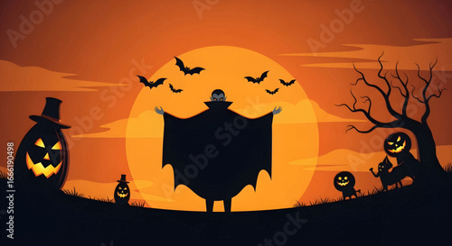 Eerie Halloween night scene with a mysterious cape-clad figure, flying bats, and glowing jack-o'-lanterns against a radiant full moon, evoking a spooky and festive autumn atmosphere