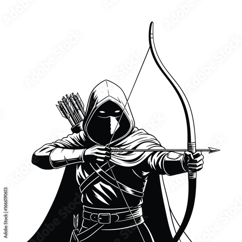 Vector art of mysterious hooded archer aiming a bow and arrow with a quiver