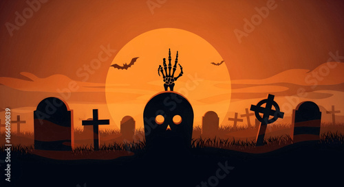 Spooky Halloween graveyard scene with a skeleton hand emerging from a tombstone against an orange full moon