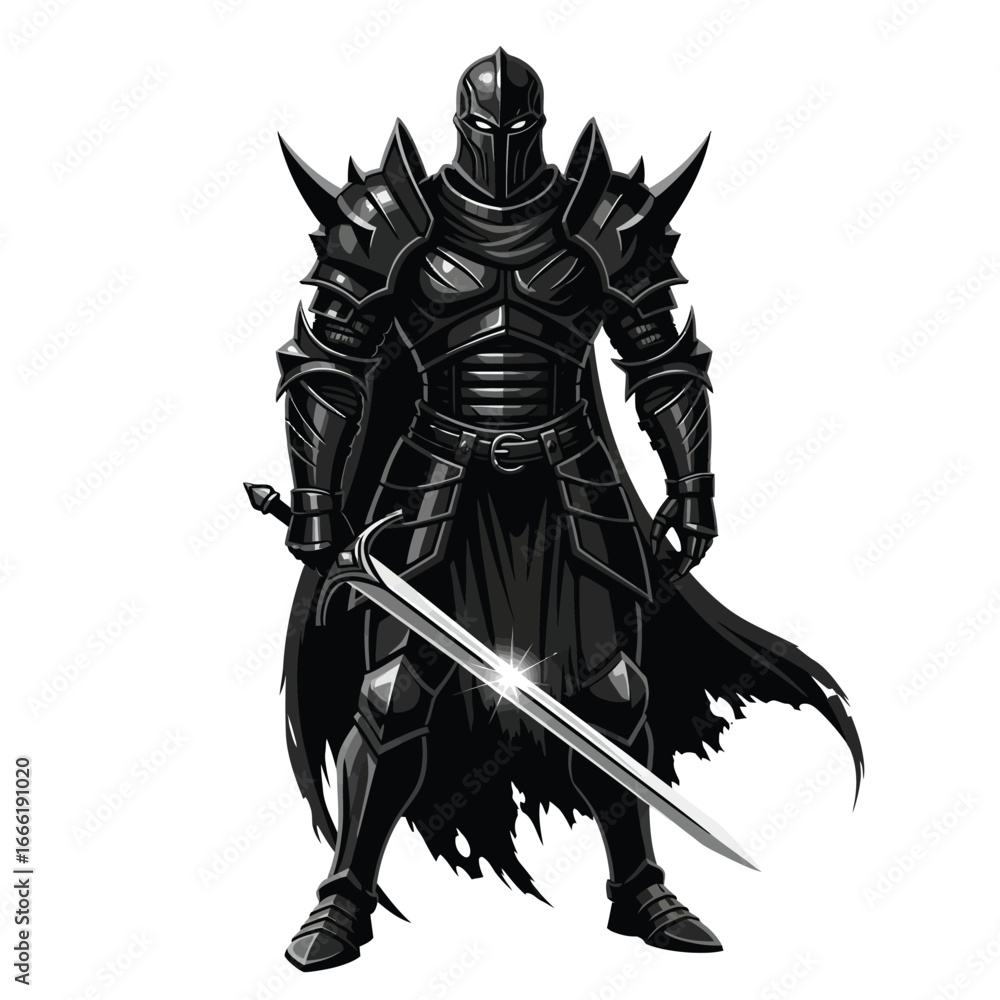 Fototapeta premium Vector art of dark fantasy knight in black armor holding a sword
