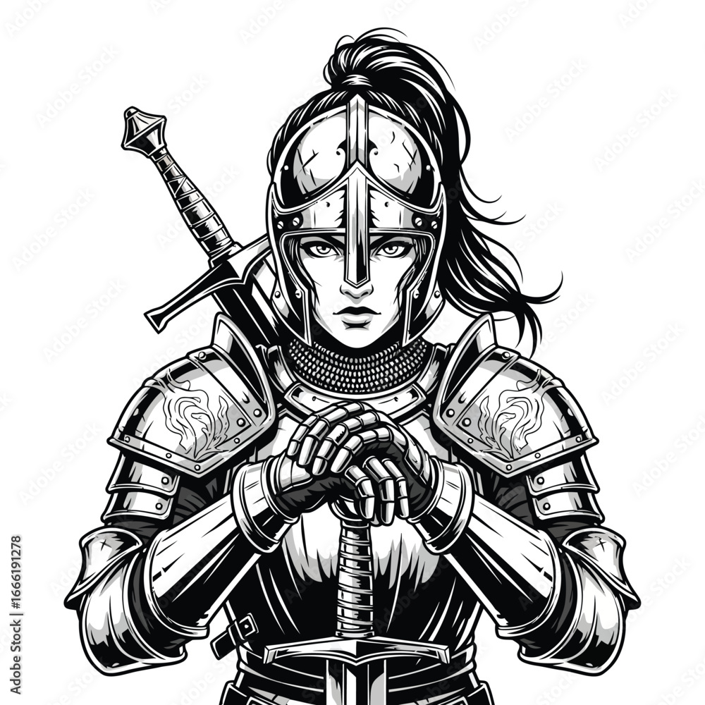 Fototapeta premium Vector art of woman knight in full armor with sword, ready for battle, illustration