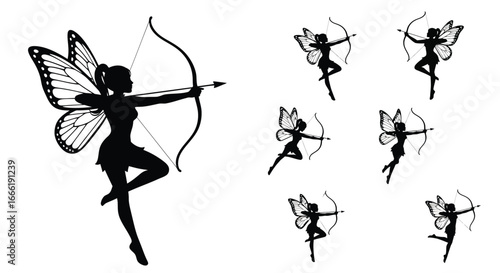 Vector art of silhouette of a fairy with butterfly wings holding a bow and arrow