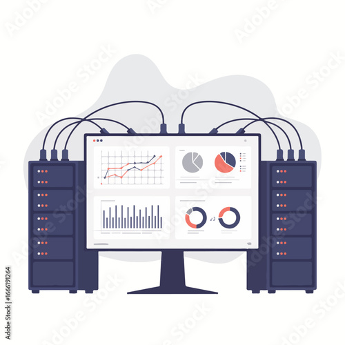 Data visualization on monitor connected to servers with graphs and charts displayed clearly and neatly