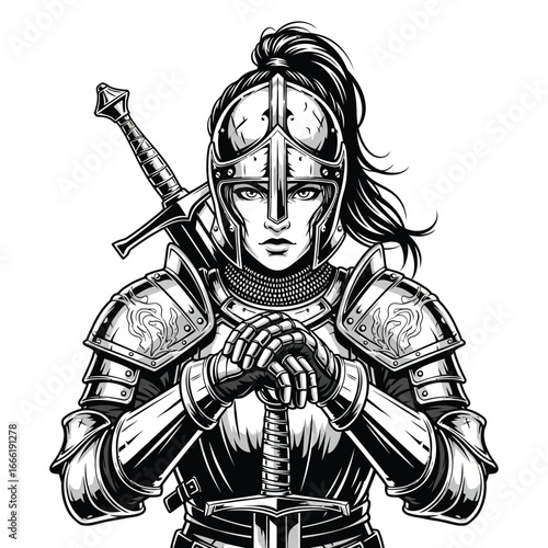 Vector art of woman knight in full armor with sword, ready for battle, illustration
