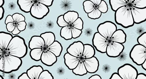 Vector art of seamless pattern of stylized flowers with black outlines on a light blue background