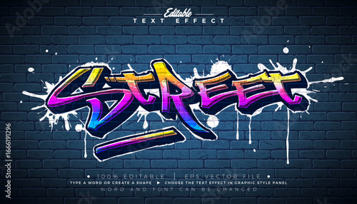 Graffiti Editable Text Effect Design with Customizable Colorful Grunge Hand Drawn Street Art Font on Brick Wall Background. Vector Illustrator Graphic Style Premium Typography Lettering Illustration