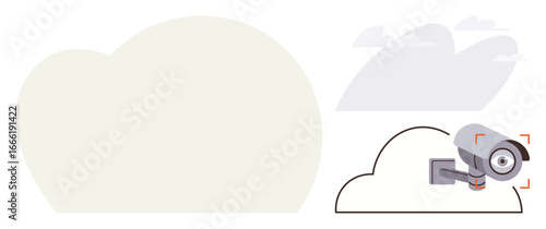 Security camera placed on a cloud shape, symbolizing cloud-based surveillance and data security. Ideal for cybersecurity, technology, data storage, monitoring, remote access, privacy, simple flat