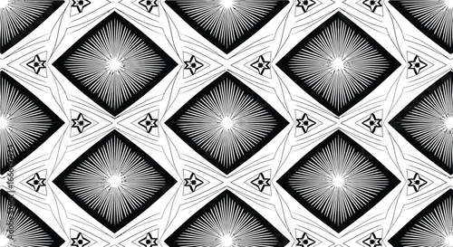 Vector art of abstract black and white geometric diamond pattern with radiant starburst elements