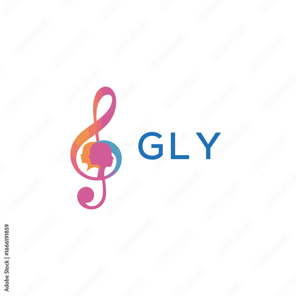 Fototapeta premium GLY “Creative music logo with human silhouettes and treble clef in gradient colors, GLY Later Logo, modern artistic design isolated on white background”GLY music logo, GLY treble clef, GLY human s