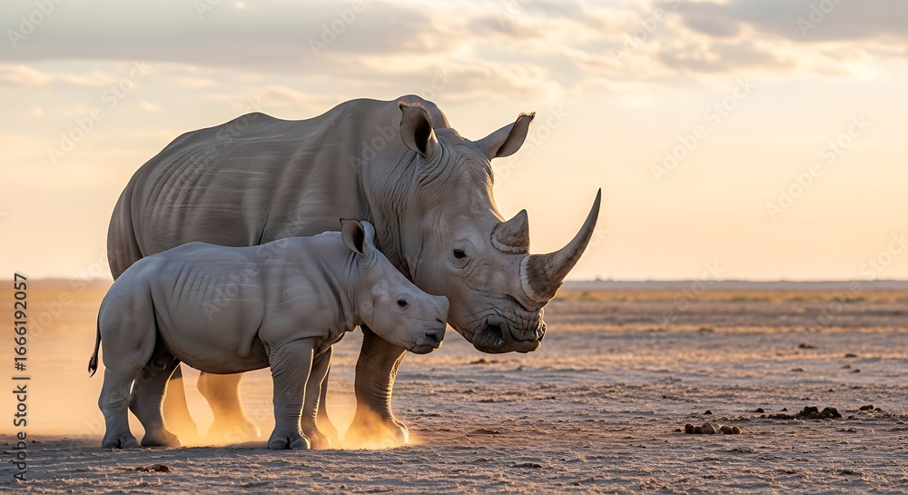 Fototapeta premium A mother white rhino and her calf in the African savanna at sunset.