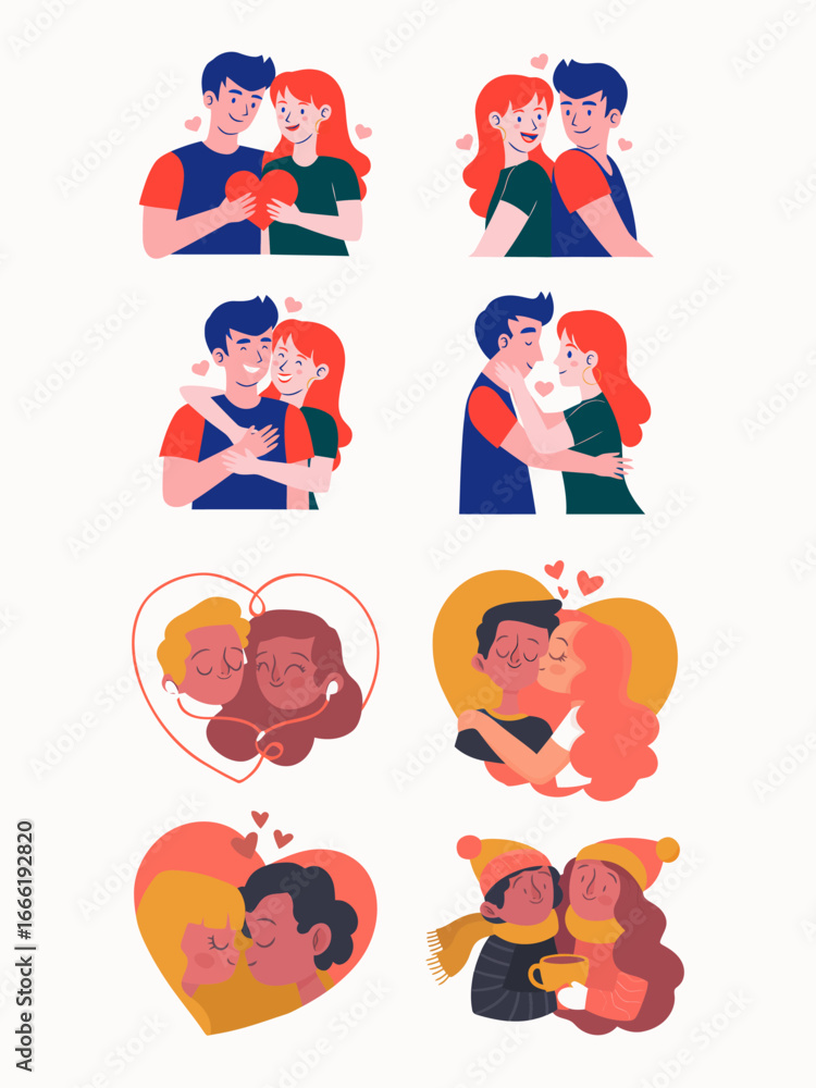 Fototapeta premium A vibrant collection of diverse illustrated couples expressing love through hugs kisses and shared hearts in a modern flat style. EPS Editable
