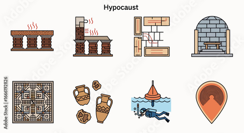 Ancient Roman Hypocaust Underfloor Heating System Icon Set. EPS Editable