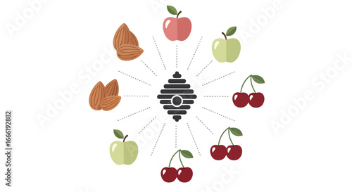Beehive as a central hub for fruit production concept. EPS Editable