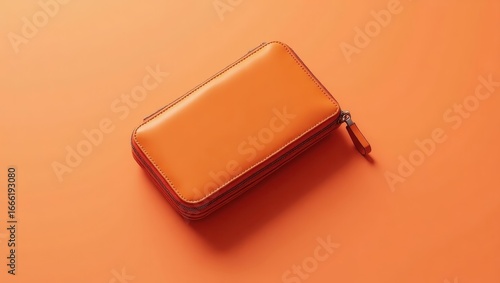 A vibrant orange leather zippered pouch rests on a solid orange background, showcasing a simple yet stylish design.