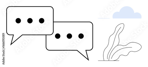 Two outlined speech bubbles with ellipses suggest conversation or communication. A plant and cloud add a nature-inspired touch. Ideal for communication, dialogue, teamwork, connection, ideas