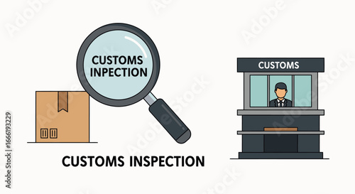Customs inspection concept with magnifying glass and officer booth. EPS Editable