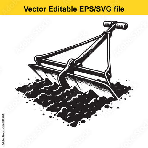 Garden cultivator tool digging into soil, vector illustration