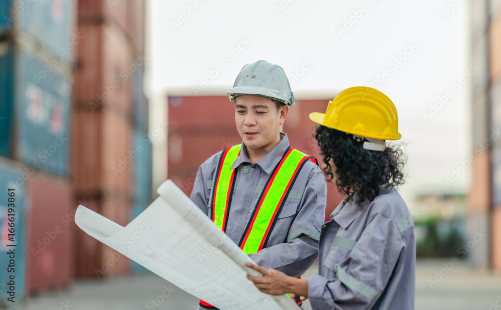 Fototapeta premium Industrial container workers discuss sustainable logistics operations. Analyzing blueprint, including zero emissions, reducing fuel consumption and carbon footprint in supply chain management
