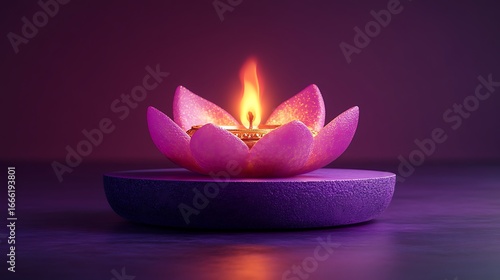 Pink lotus flower oil lamp with flame on purple textured base fire light