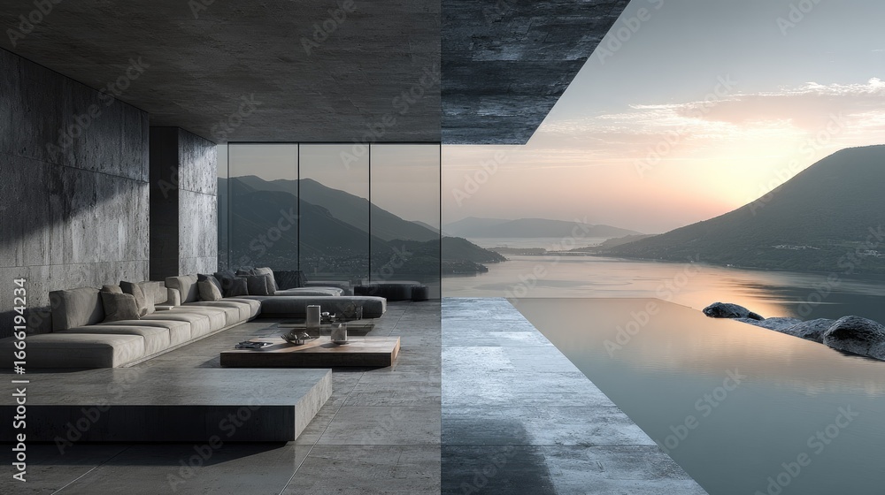 custom made wallpaper toronto digitalModern concrete house overlooking calm lake and mountains at sunset