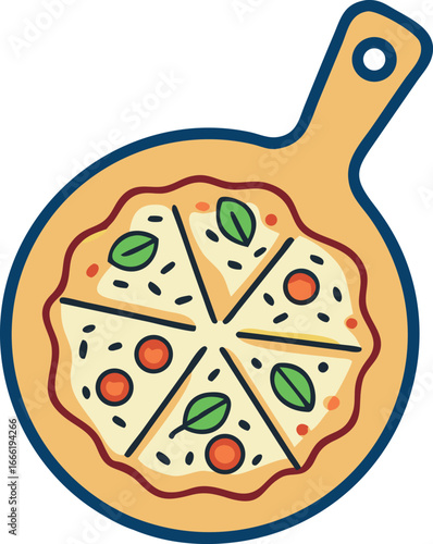 Topped pizza slices are arranged on a wooden board, presented against a transparent backdrop