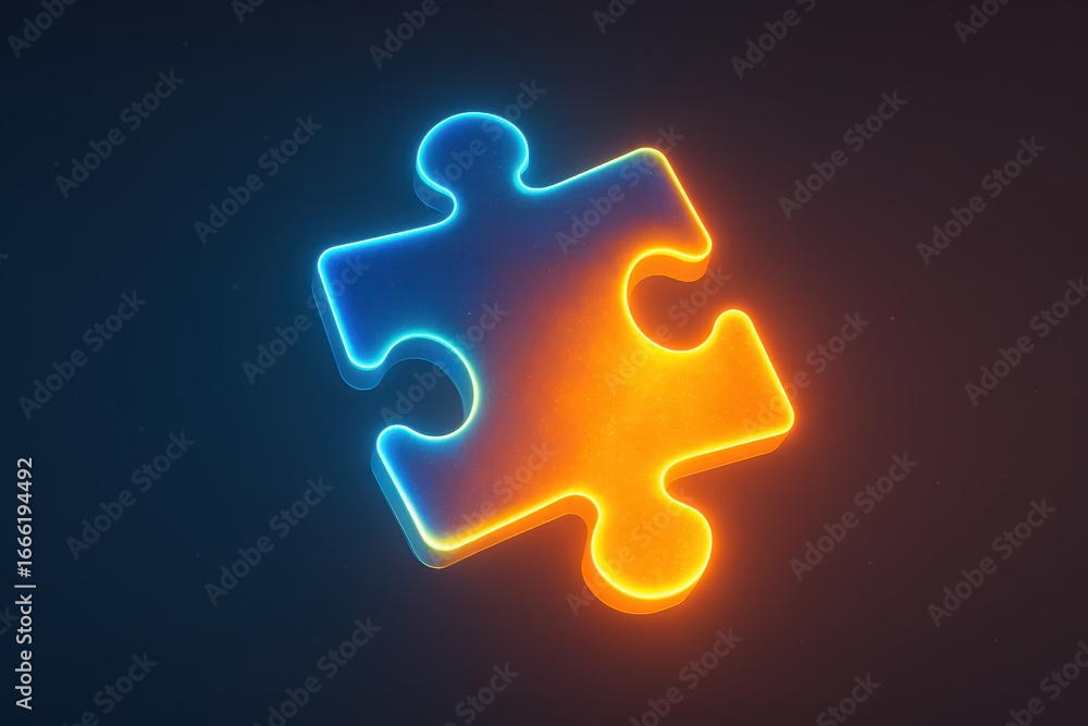Obraz premium Glowing puzzle piece symbolizes missing piece in problem solving and business solution representing connection concept with vibrant blue and orange light on dark background