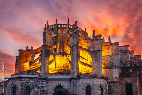 Sunset over Santa Maria de la Asuncion Church in Castro Urdiale city in Spain