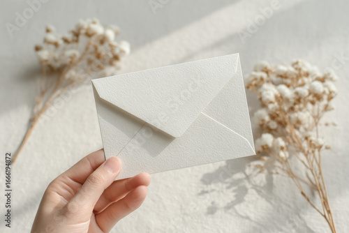 elegant hand gracefully holds invitation envelope featuring ar blurred white text bars against ultrabright